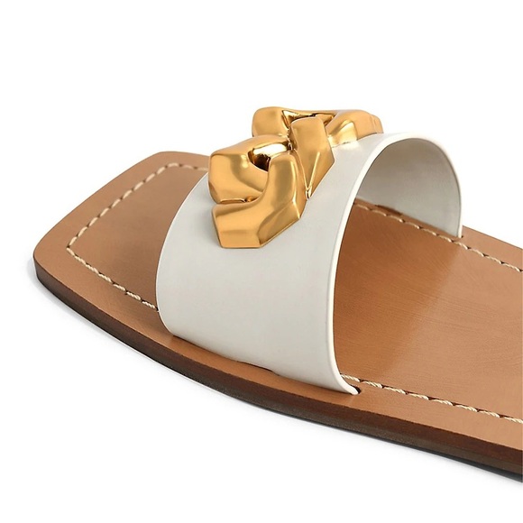 Charles & Keith Chain Accent Leather Slide Sandals in Cream and Gold - Picture 3 of 10